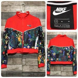 Nike Floral Track Jacket Crop Women’s M Red Full Zip Pockets Polyester